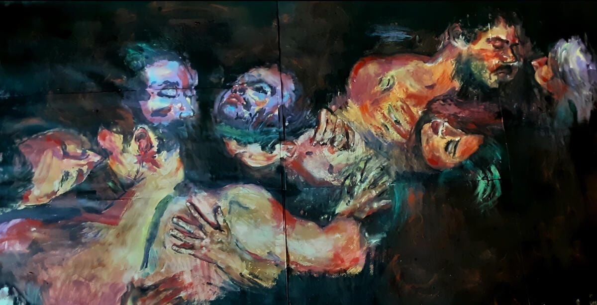 Tableau original "Euphoria" 70x150 gouache acrylique pastels